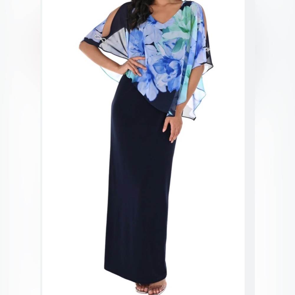 Frank Lyman floral chiffon overlay dress, navy blue w/colorful overlay, size 8
